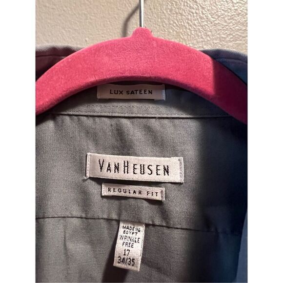 Van Heusen Grey Regular Fit Lux Sateen Button Down Shirt Men’s Size 17 34/35 - Picture 7 of 11